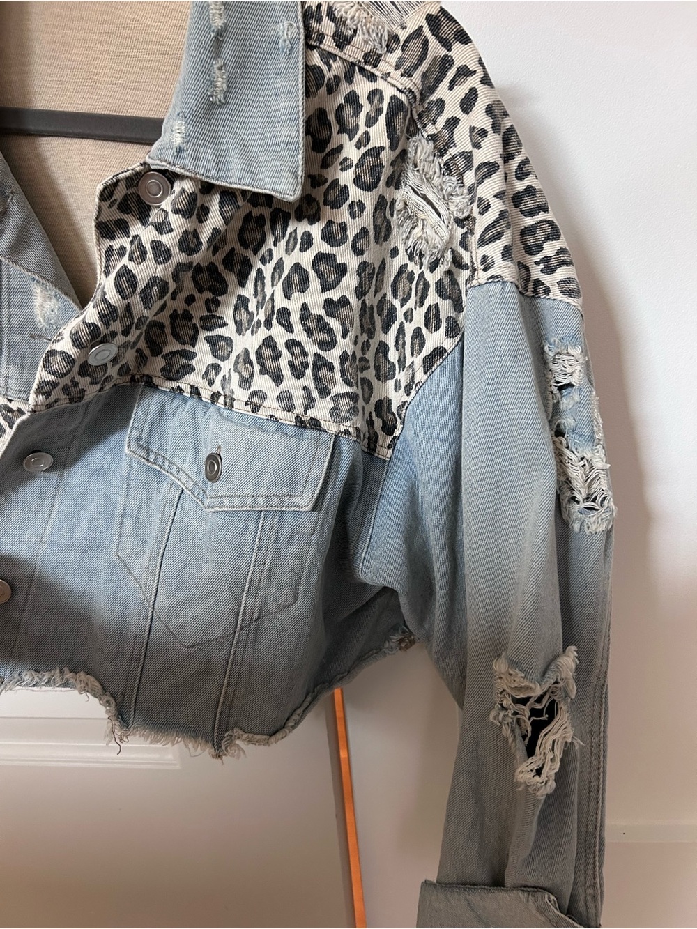 VICI Light Blue Denim Cropped Jacket with Leopard Panels